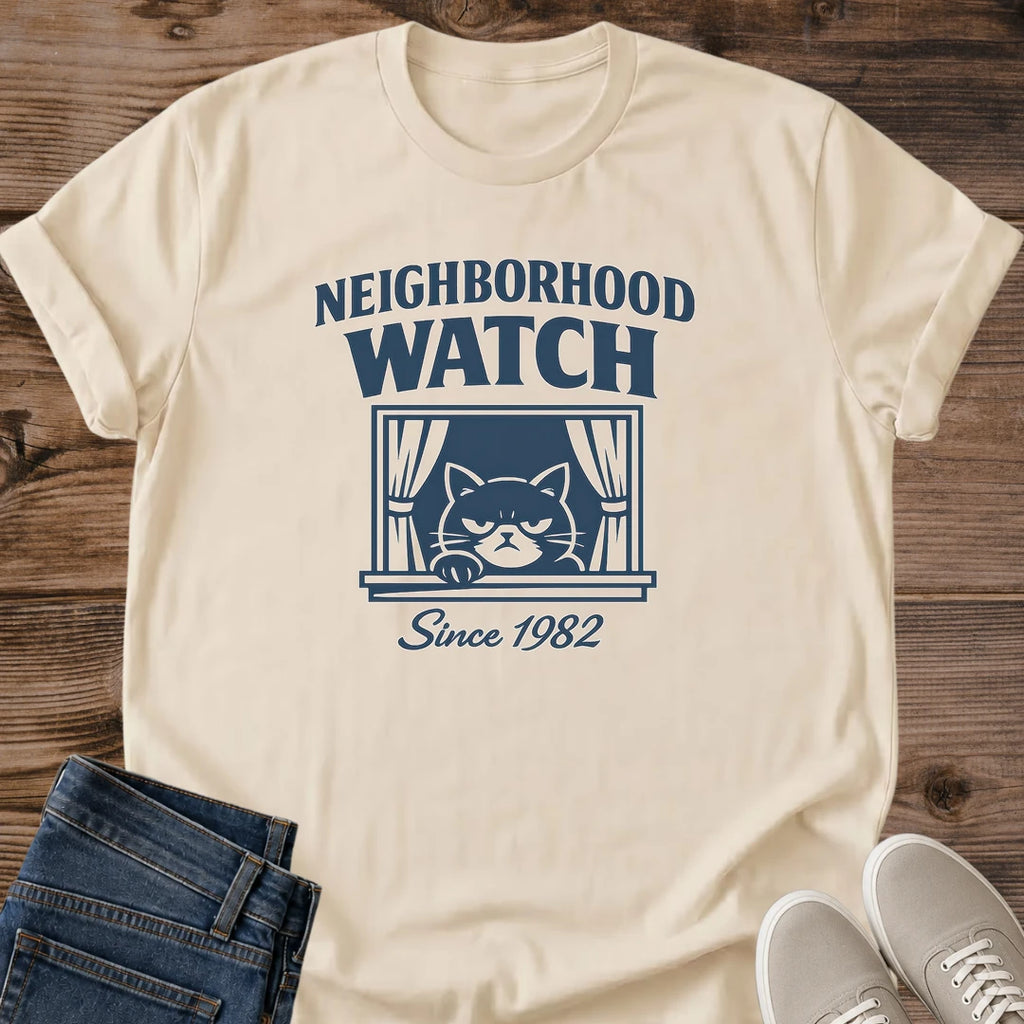 Graphic Cat Tee Shirt Funny Design Apparel Vintage Neighborhood Watch Theme Retro Style Clothing Soft Lightweight Fabric Comfortable Cotton Material Casual Everyday Wear Relaxed Fit Perfect Cat Lover Gift Animal Enthusiast Present Birthday