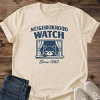 Graphic Cat Tee Shirt Funny Design Apparel Vintage Neighborhood Watch Theme Retro Style Clothing Soft Lightweight Fabric Comfortable Cotton Material Casual Everyday Wear Relaxed Fit Perfect Cat Lover Gift Animal Enthusiast Present Birthday