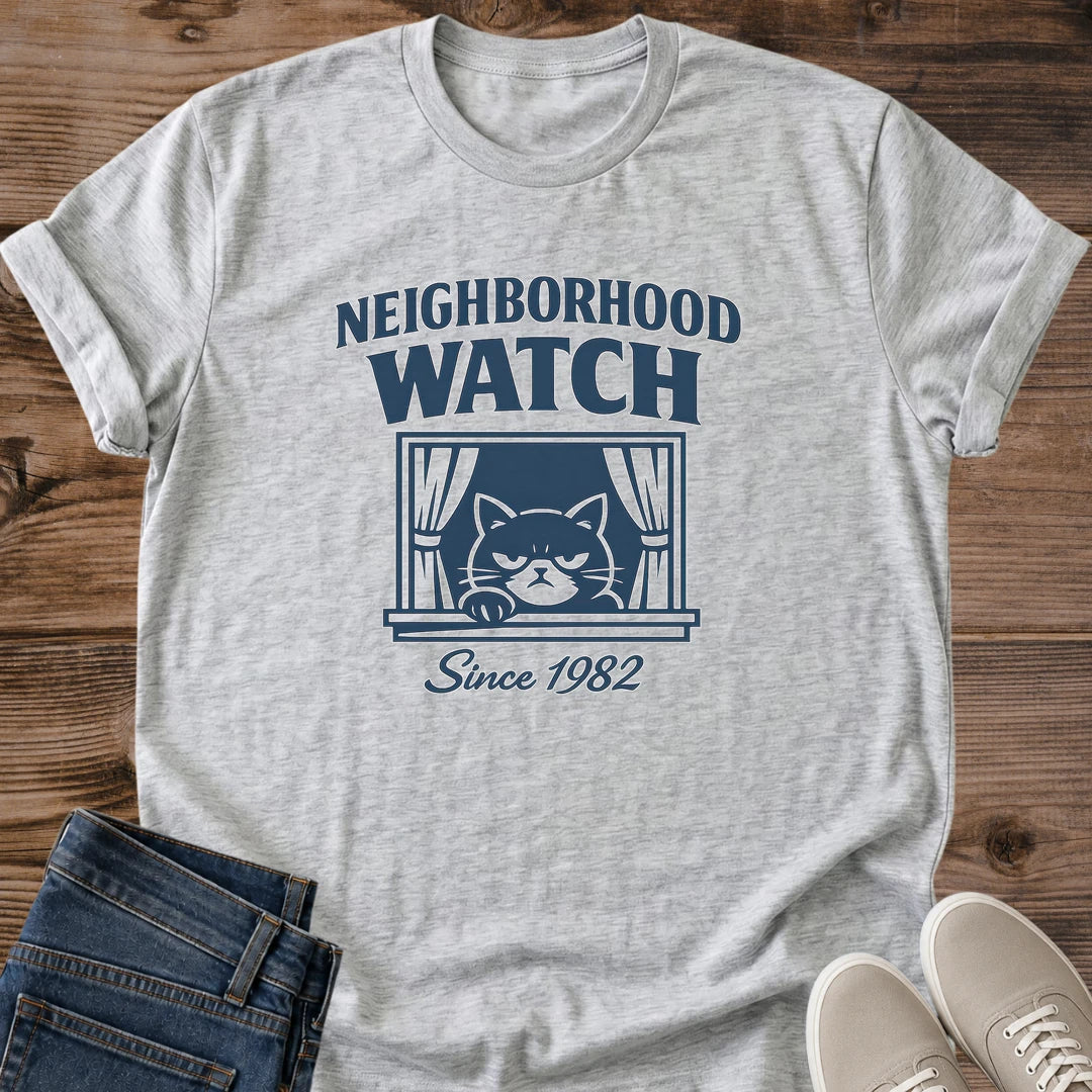 Funny Cat Shirt Neighborhood Watch Design Vintage Tee Style Retro Graphic Apparel Cat Lover Gift Present Animal Enthusiast Clothing Soft Comfortable Fabric Lightweight Cotton Casual Everyday Wear Relaxed Fit Novelty Statement Piece Humorous
