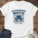 Soft Comfortable Cat Shirt Lightweight Cotton Tee Relaxed Fit Design Funny Graphic Apparel Vintage Style Clothing Neighborhood Watch Theme Casual Everyday Wear Perfect Cat Lover Gift Present Animal Enthusiast Shirt Retro Fashion Statement