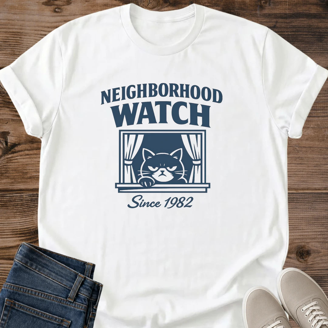 Soft Comfortable Cat Shirt Lightweight Cotton Tee Relaxed Fit Design Funny Graphic Apparel Vintage Style Clothing Neighborhood Watch Theme Casual Everyday Wear Perfect Cat Lover Gift Present Animal Enthusiast Shirt Retro Fashion Statement