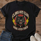 Claws Out Club Shirt Black Rock Band Cat Tee Nine Lives Tour Graphic Snarling Black Cat With Lightning Bolts Vintage Concert Tee Punk Rock Cat Shirt Cat Dad Gift Retro Tour Shirt Cat Mom Gildan 64000 Softstyle Unisex Cat Whisker Co