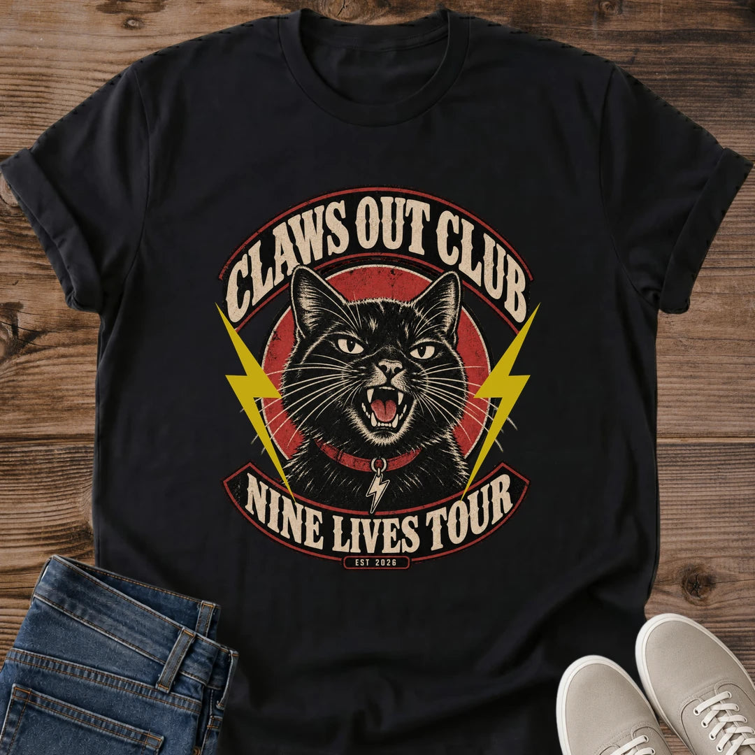Claws Out Club Shirt Black Rock Band Cat Tee Nine Lives Tour Graphic Snarling Black Cat With Lightning Bolts Vintage Concert Tee Punk Rock Cat Shirt Cat Dad Gift Retro Tour Shirt Cat Mom Gildan 64000 Softstyle Unisex Cat Whisker Co
