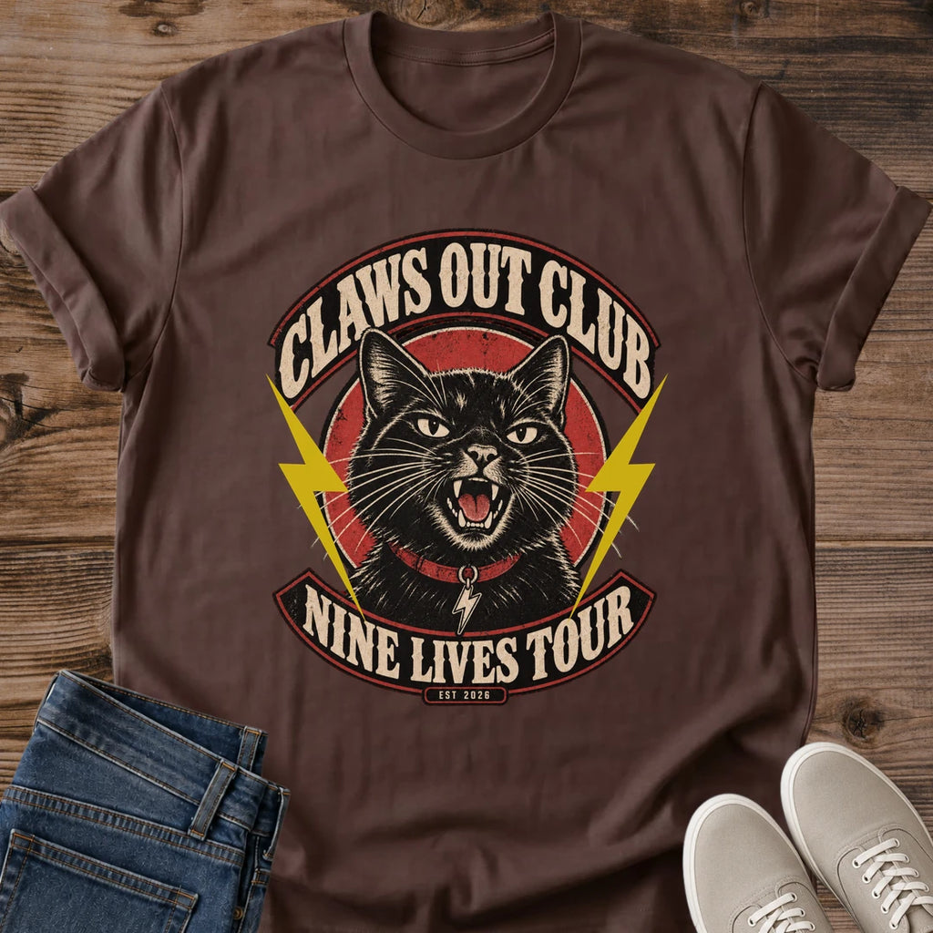 Rock And Roll Cat Shirt Claws Out Club Nine Lives Tour Tee Hissing Black Cat Emblem Red And Gold Vintage Graphic Cat Owner Shirt Gift For Cat Lovers Concert Tee Look Edgy Cat Shirt Unisex Ringspun Cotton Shirt Cat Whisker Co