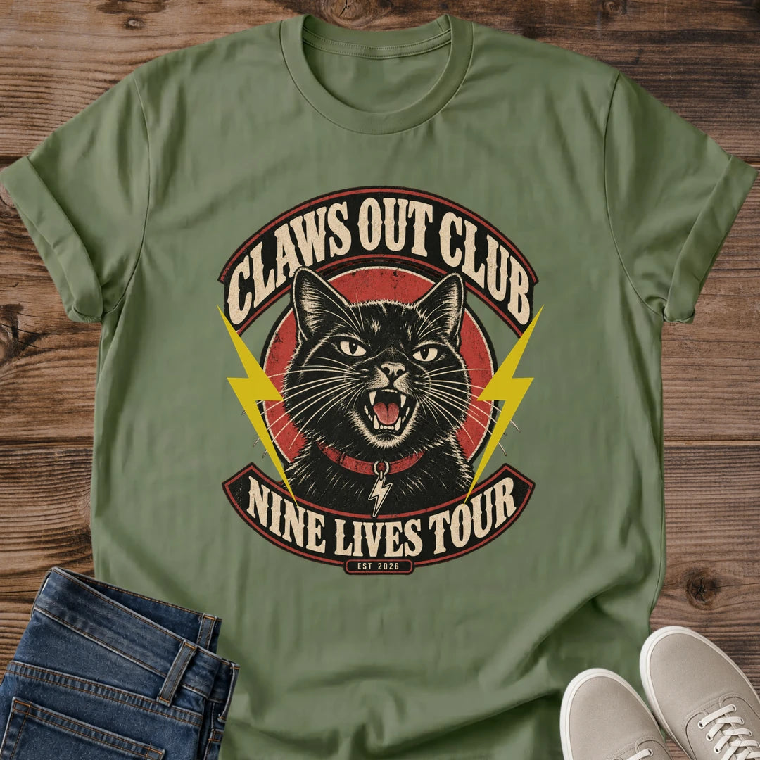 Cat Lover Gift Claws Out Club Shirt Funny Cat Band Tee Vintage Rock Cat Graphic Birthday Gift For Cat Owner Christmas Gift For Cat Dad Music Lover Gift Halloween Black Cat Tee Cat Person Tee Gildan Softstyle Cotton Tee Cat Whisker Co