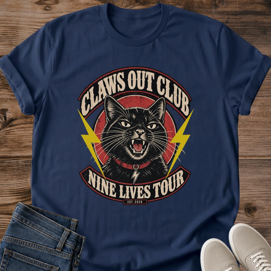 Cat Band Tee Claws Out Club Cat Mom Tee Punk Cat Gift Retro Rock Tour Cat Design Cat Shirt For Women And Men Cat Dad Gift Holiday Gift For Cat Owner Black Cat Rocker Tee Nine Lives Tee Soft Cotton Unisex Tee Cat Whisker Co