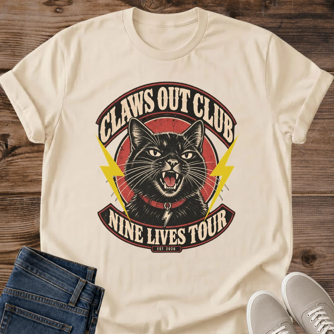 Nine Lives Tour Shirt Claws Out Club Tee Fierce Black Cat Badge With Red Collar Illustration Retro Rock Poster Lettering Band Tee Style Cat Shirt Cat Owner Gift For Her Cat Dad Tee Est 2026 Soft Cotton Unisex Shirt Cat Whisker Co