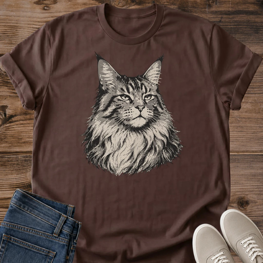 Long Haired Cat Portrait Shirt Norwegian Forest Cat Design Realistic Monochrome Feline Tshirt Detailed Cat Art Soft Cotton Crew Neck Breathable Fabric Comfort Fit Cat Lover Gift Apparel Casual Wear Shirt Unique Cat Portrait Design