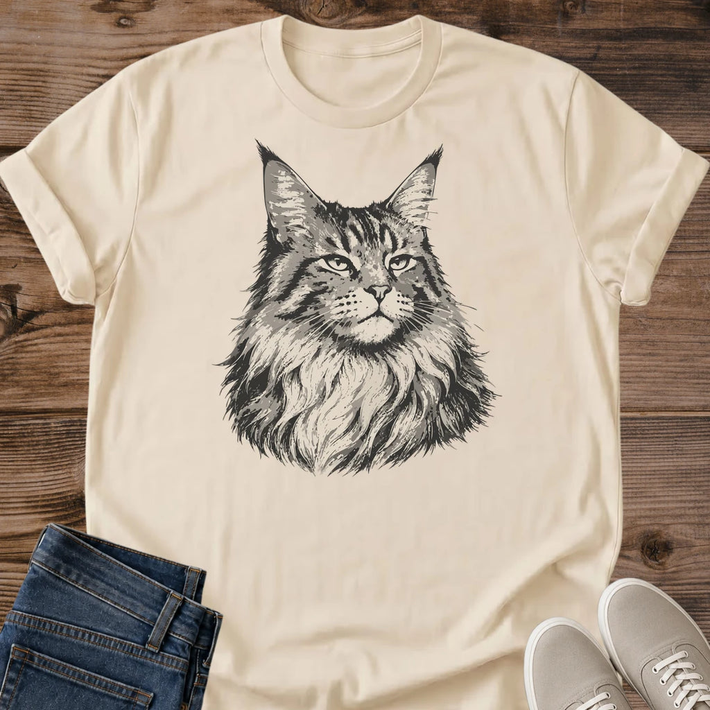 Realistic Cat Portrait Tshirt Norwegian Forest Cat Design Monochrome Feline Art Detailed Long Haired Cat Shirt Soft Breathable Cotton Tee Cat Lover Apparel Gift Crew Neck Design Casual Comfort Wear Unique Cat Portrait Shirt Lightweight