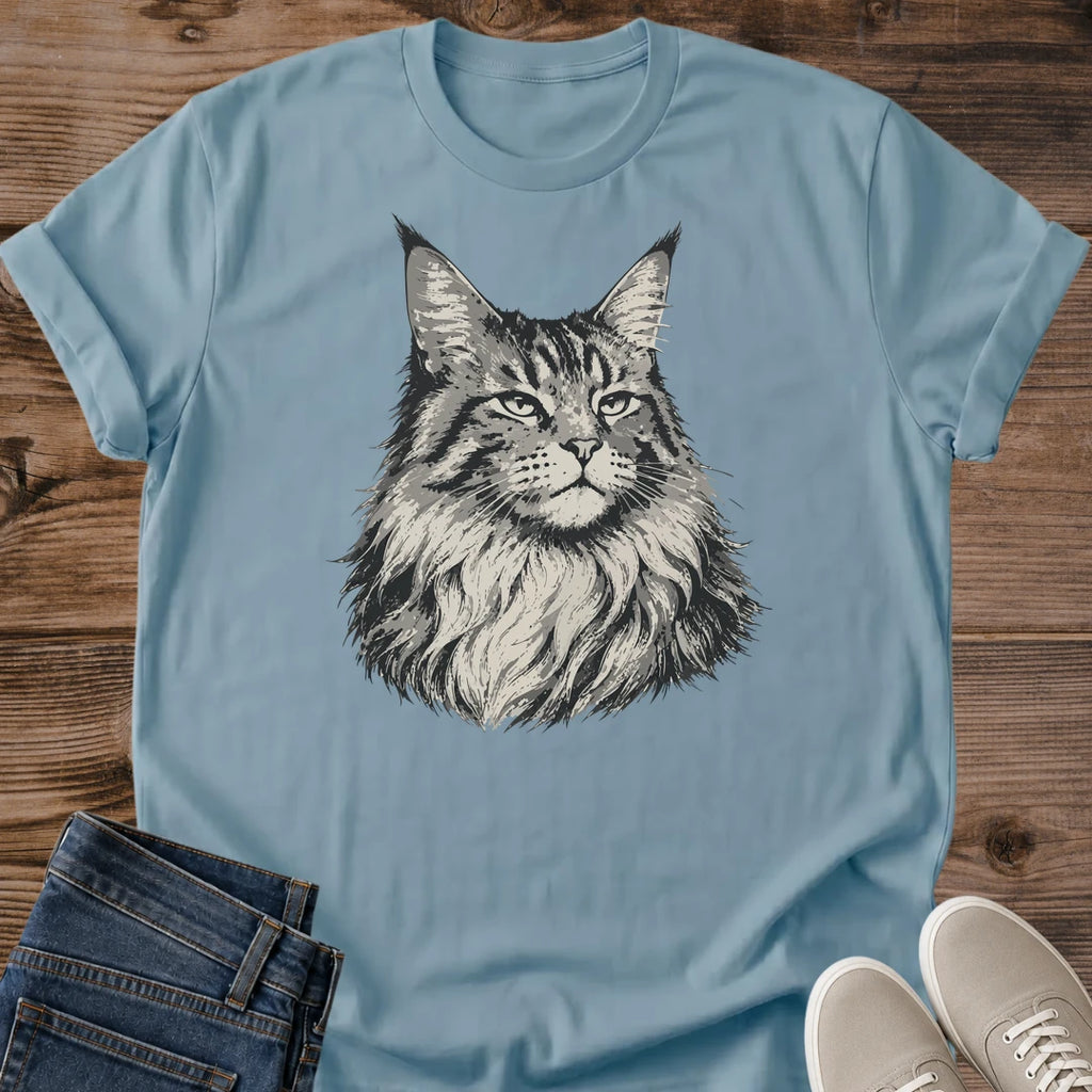 Monochrome Cat Shirt Realistic Norwegian Forest Cat Portrait Detailed Feline Design Long Haired Cat Tshirt Soft Cotton Crew Neck Breathable Fabric Comfort Cat Lover Gift Casual Wear Apparel Unique Cat Design Shirt Lightweight Cotton Tee
