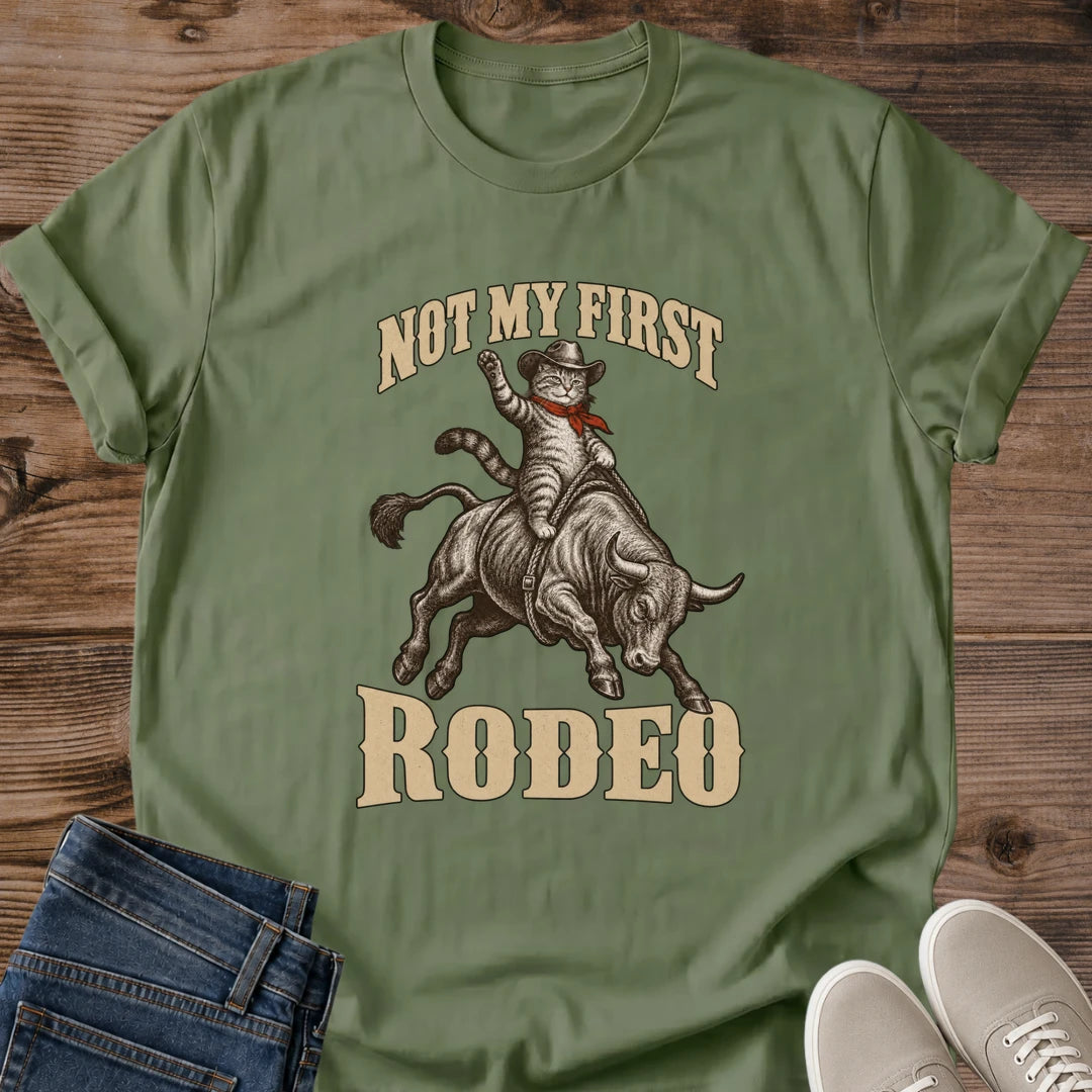 Rodeo Cat Shirt Not My First Rodeo Funny Cat Tee Hand Drawn Tabby Cowboy Sketch Tan Ink Western Poster Graphic Cat Owner Shirt Gift For Cat Lovers Cowgirl Tee Country Concert Shirt Unisex Ringspun Cotton Shirt Cat Whisker Co