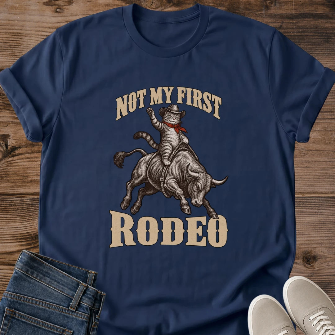 Cowboy Cat Shirt Not My First Rodeo Tee Cat In Cowboy Hat And Bandana On Bucking Bull Illustration Old West Lettering Western Cat Dad Shirt Cat Owner Gift For Her Rodeo Humor Tee Yeehaw Cat Soft Cotton Unisex Shirt Cat Whisker Co