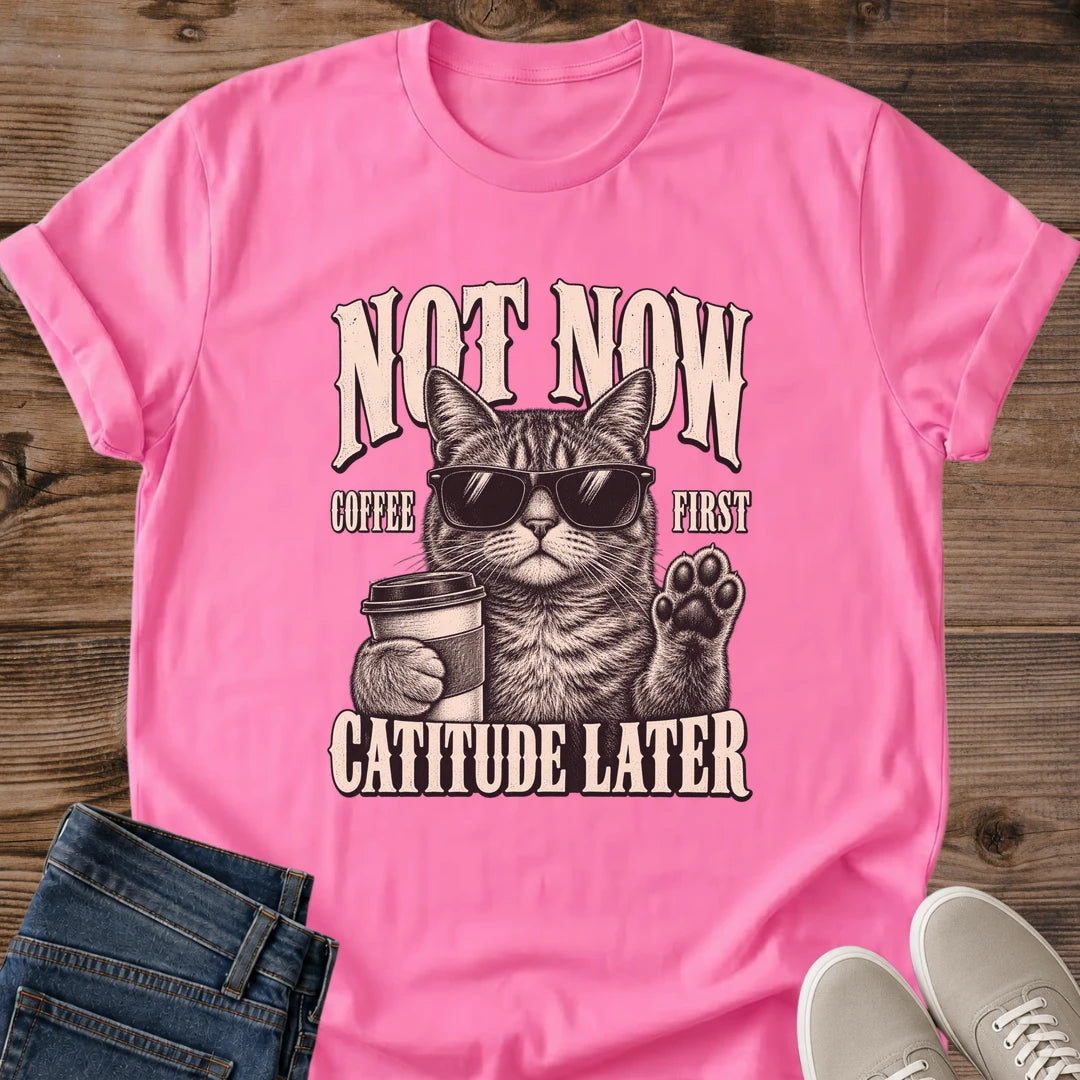 Coffee Lover Gift Not Now Coffee First Cat Shirt Funny Caffeine Cat Tee Retro Cool Cat Graphic Birthday Gift For Cat Owner Christmas Gift For Cat Mom Coworker Gift Cat Person Tee Barista Gift Gildan Softstyle Cotton Tee Cat Whisker Co