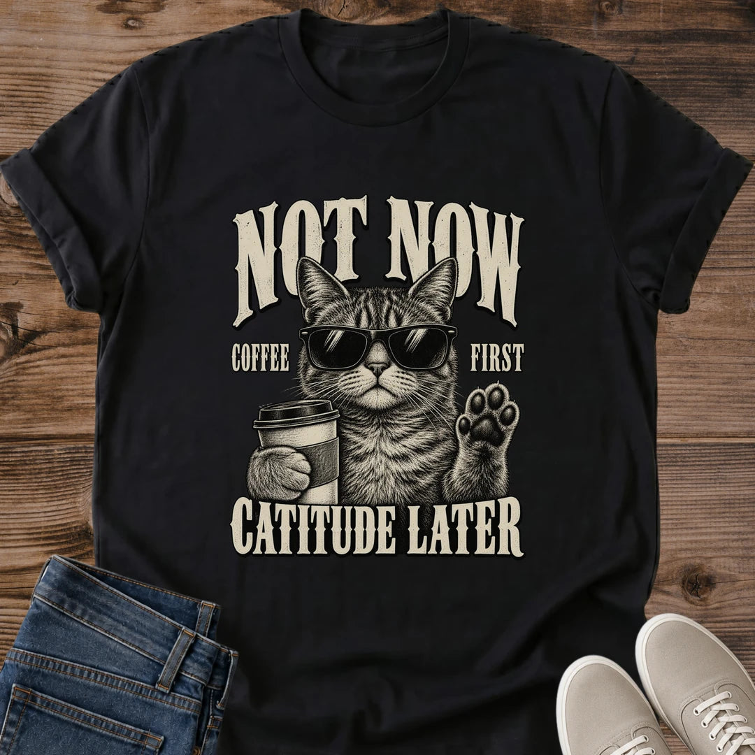 Not Now Coffee First Catitude Later Shirt Black Funny Coffee Cat Tee Cool Tabby Cat In Sunglasses Holding Coffee Graphic Vintage Cat Shirt Not A Morning Person Tee Coffee Lover Gift Gildan 64000 Softstyle Unisex Cat Whisker Co