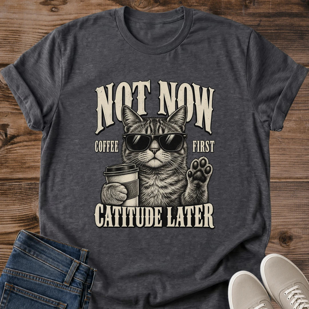 Caffeine Cat Shirt Coffee First Catitude Later Cat Mom Tee Funny Coffee Cat Gift Retro Cool Cat Design Cat Humor Shirt For Women And Men Cat Dad Gift Holiday Gift For Coffee Drinker Morning Mood Tee Soft Cotton Unisex Tee Cat Whisker Co