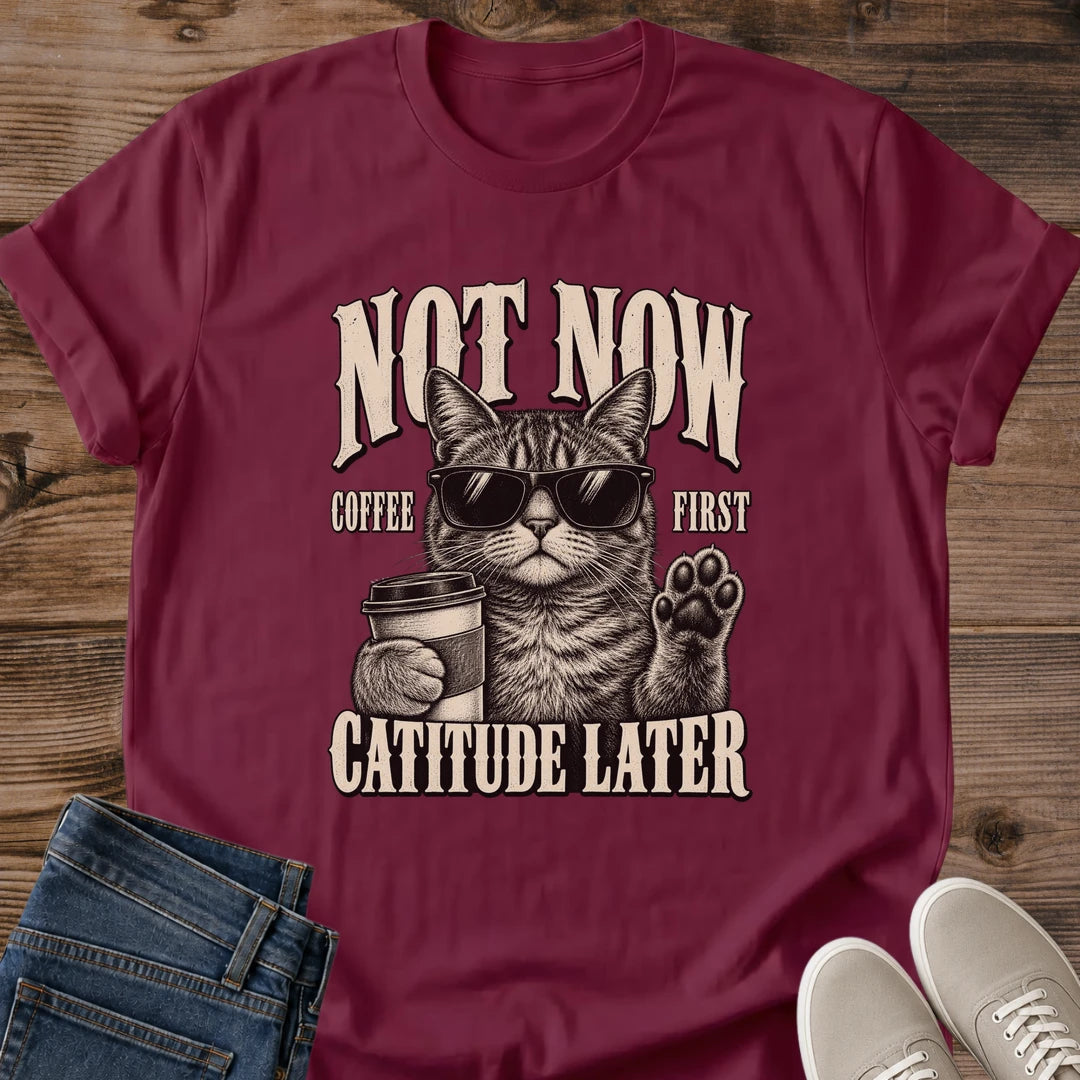 Caffeine Cat Shirt Coffee First Catitude Later Cat Mom Tee Funny Coffee Cat Gift Retro Cool Cat Design Cat Humor Shirt For Women And Men Cat Dad Gift Holiday Gift For Coffee Drinker Morning Mood Tee Soft Cotton Unisex Tee Cat Whisker Co
