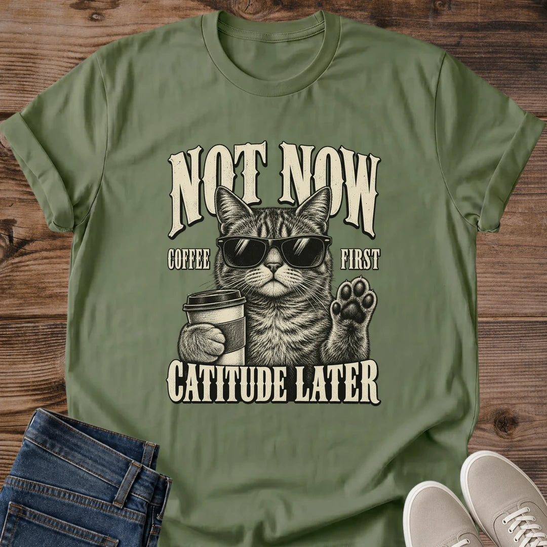 Coffee Lover Gift Not Now Coffee First Cat Shirt Funny Caffeine Cat Tee Retro Cool Cat Graphic Birthday Gift For Cat Owner Christmas Gift For Cat Mom Coworker Gift Cat Person Tee Barista Gift Gildan Softstyle Cotton Tee Cat Whisker Co