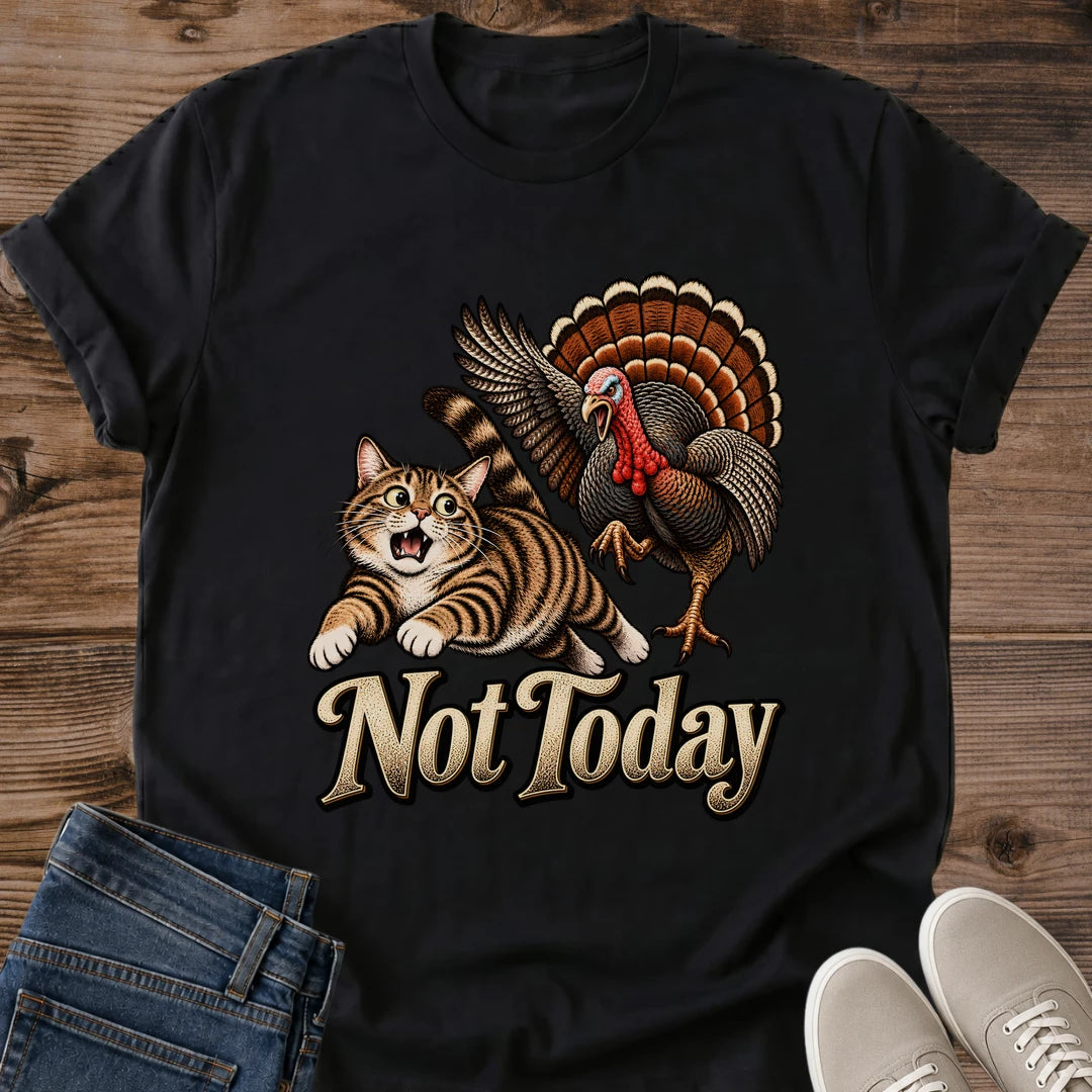 Black Gildan 64000 unisex Thanksgiving cat T-shirt laid flat on wooden planks with rolled short sleeves, folded blue jeans and light gray lace-up sneakers. The vintage chest artwork shows a startled brown tabby running from a turkey with raised wings and a fanned orange-brown tail. Large cream "Not Today" lettering beneath the animals stands out against the black fabric.