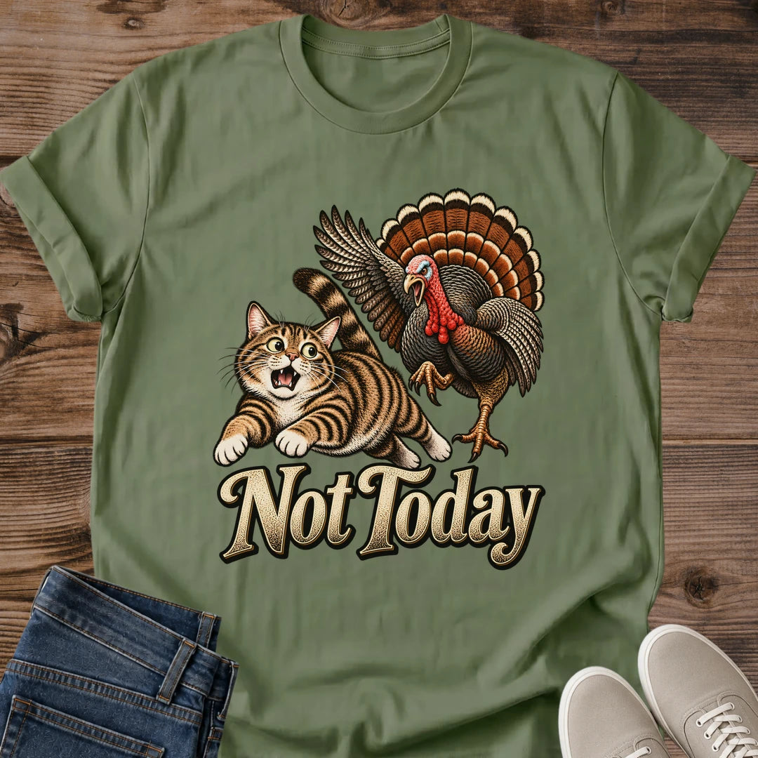 Military Green olive Gildan 64000 unisex Thanksgiving cat T-shirt shown in a front flat lay with rolled sleeves on a wooden background. The centered vintage graphic features a wide-eyed tabby running from a turkey with raised wings, a red wattle and a fanned brown-and-orange tail, above cream "Not Today" lettering with dark edging. Blue jeans and light gray sneakers complete the styling.