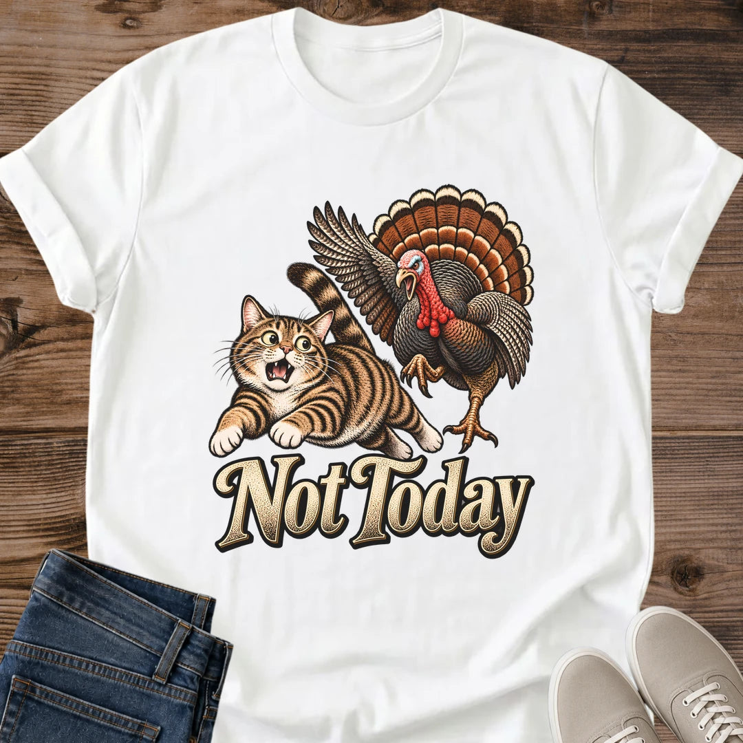 White Gildan 64000 unisex Thanksgiving cat T-shirt shown from the front on rustic wood, with a crew neck and rolled short sleeves. A detailed vintage graphic depicts a wide-eyed brown striped tabby running from a turkey with raised wings, a red wattle and a fan of brown and orange feathers. Cream "Not Today" lettering has a dark outline; folded blue jeans and light gray sneakers sit below.