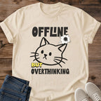 Offline But Overthinking Cat Shirt sand Funny Introvert Tee Minimalist Cat Line Art Graphic Overthinker Gift Social Battery Low Shirt Cute Cat Face Doodle Tee Cat Mom Shirt Cat Lover Gift Gildan 64000 Softstyle Unisex Cat Whisker Co
