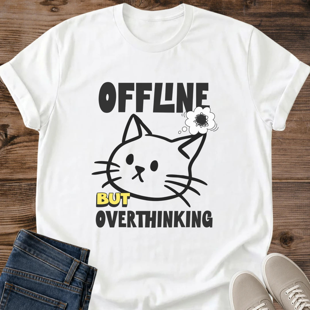 Offline But Overthinking Cat Shirt White Funny Introvert Tee Minimalist Cat Line Art Graphic Overthinker Gift Social Battery Low Shirt Cute Cat Face Doodle Tee Cat Mom Shirt Cat Lover Gift Gildan 64000 Softstyle Unisex Cat Whisker Co