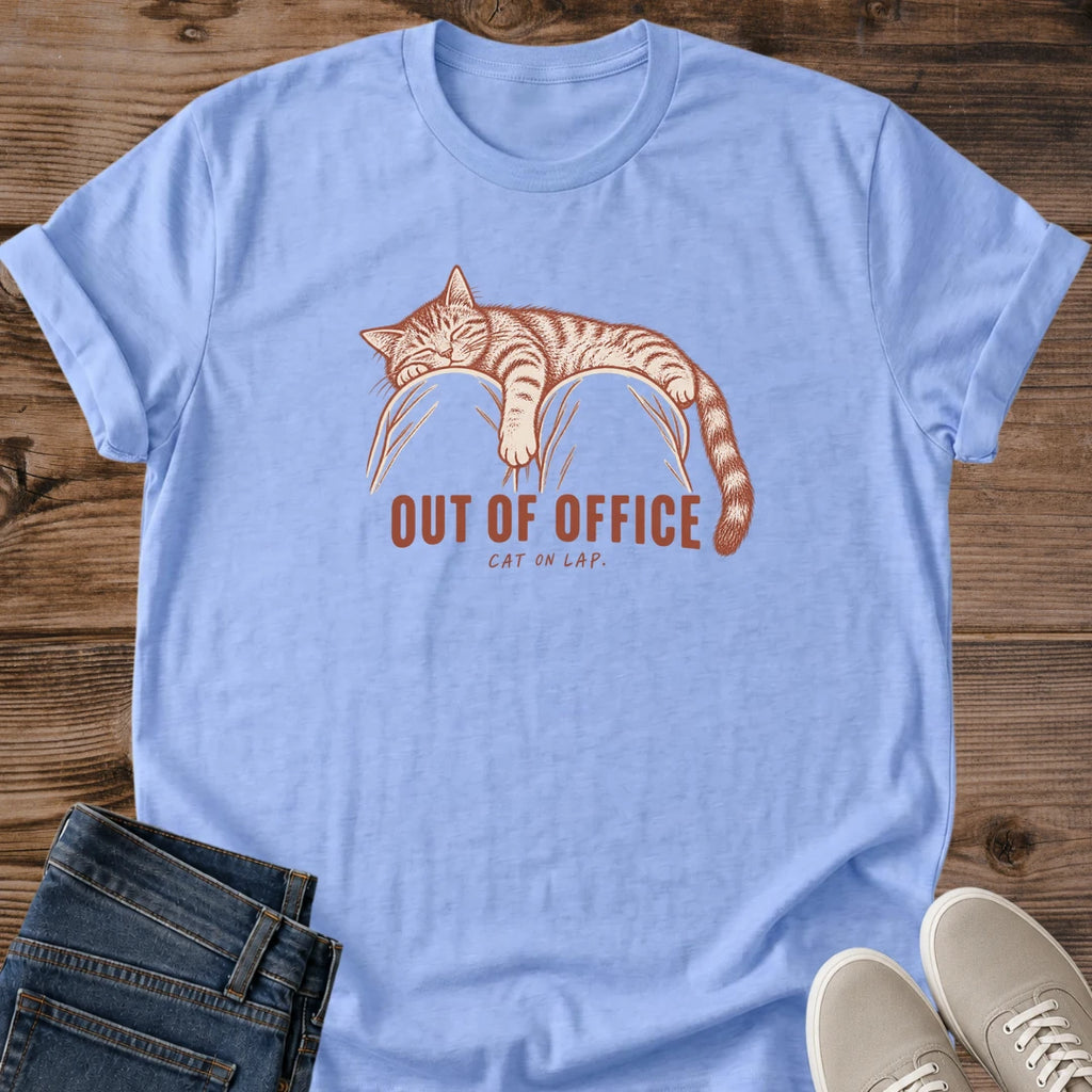 Funny Lazy Cat Graphic Tee Out Of Office Cat On Lap Sleeping Print Vintage Aesthetic Cat Owner Shirt Gift For Cat Lovers Softstyle Cotton Comfortable Relaxed Fit Statement Piece Everyday Casual Wear Apparel Gift Idea