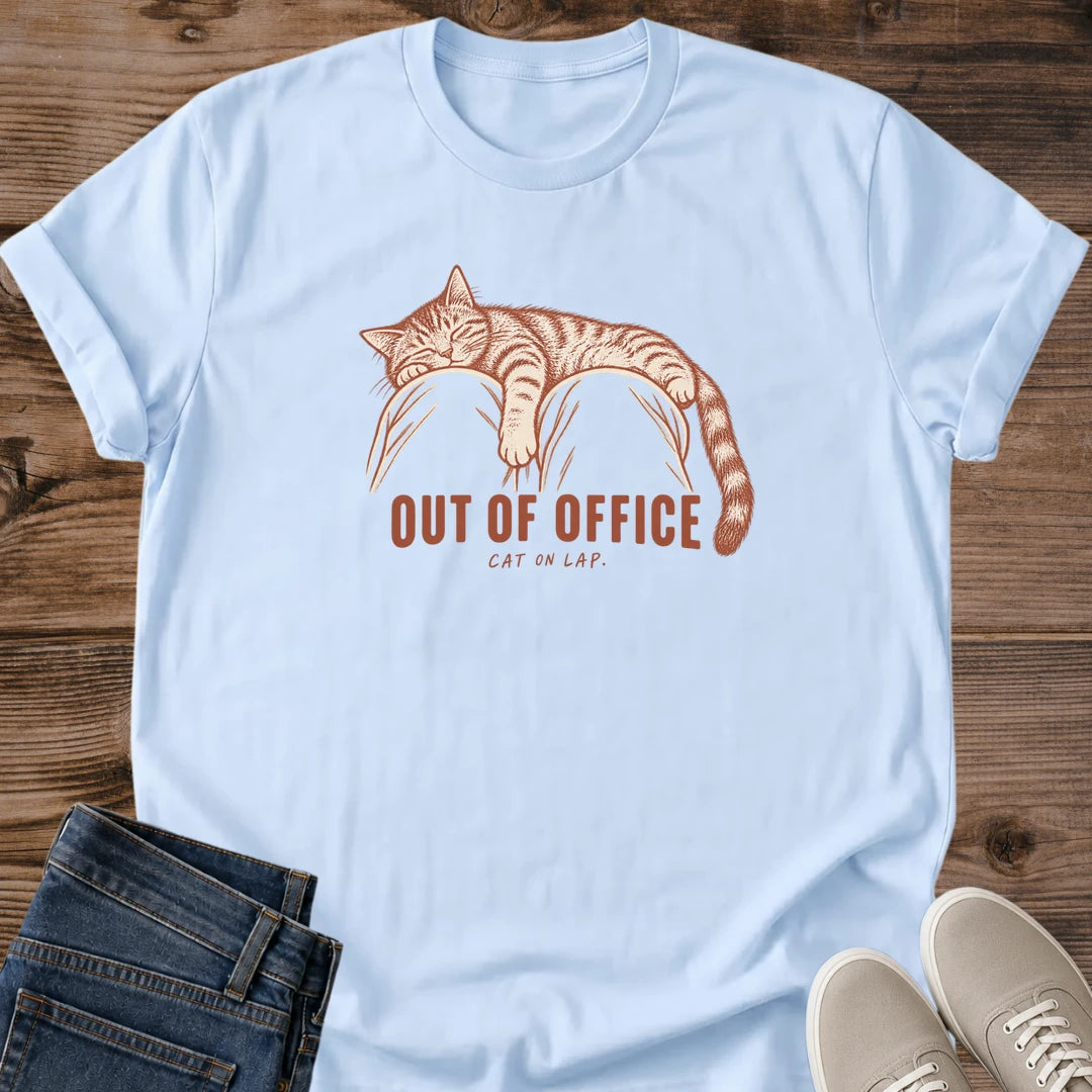 Lazy Cat Tee Out Of Office Cat On Lap Sleeping Tabby Design Funny Cat Lover Gift For Her Softstyle Cotton Comfortable Relaxed Fit Casual Weekend Wear Vintage Print Cat Mom Statement Apparel Everyday Layering Piece For Fun