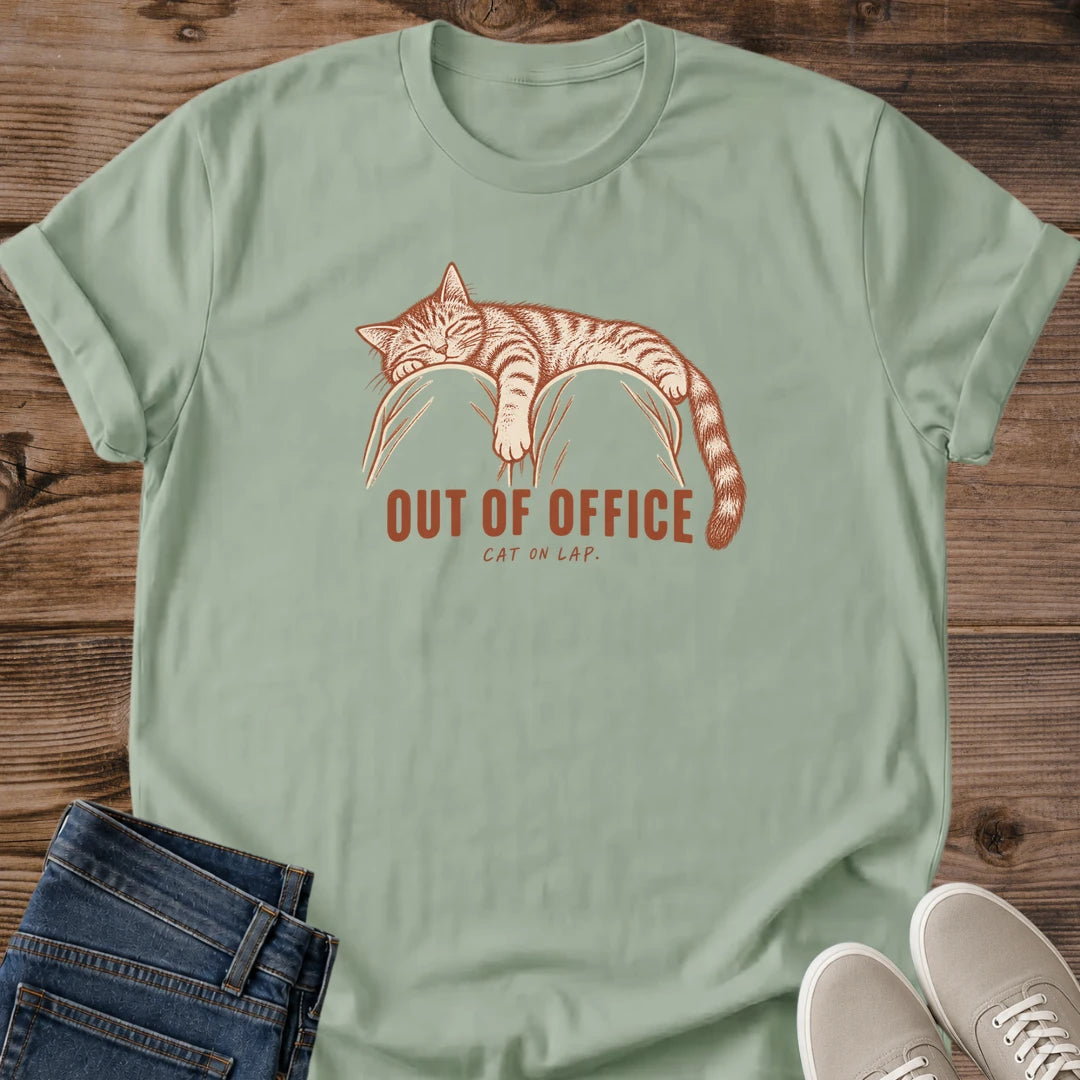 Funny Work From Home Cat Shirt Out Of Office Cat On Lap Graphic Tee Gift Idea Ring Spun Cotton Soft Breathable Fabric Relaxed Unisex Fit Vintage Print Design Cat Person Apparel Casual Everyday Wear Statement Piece Great Gift