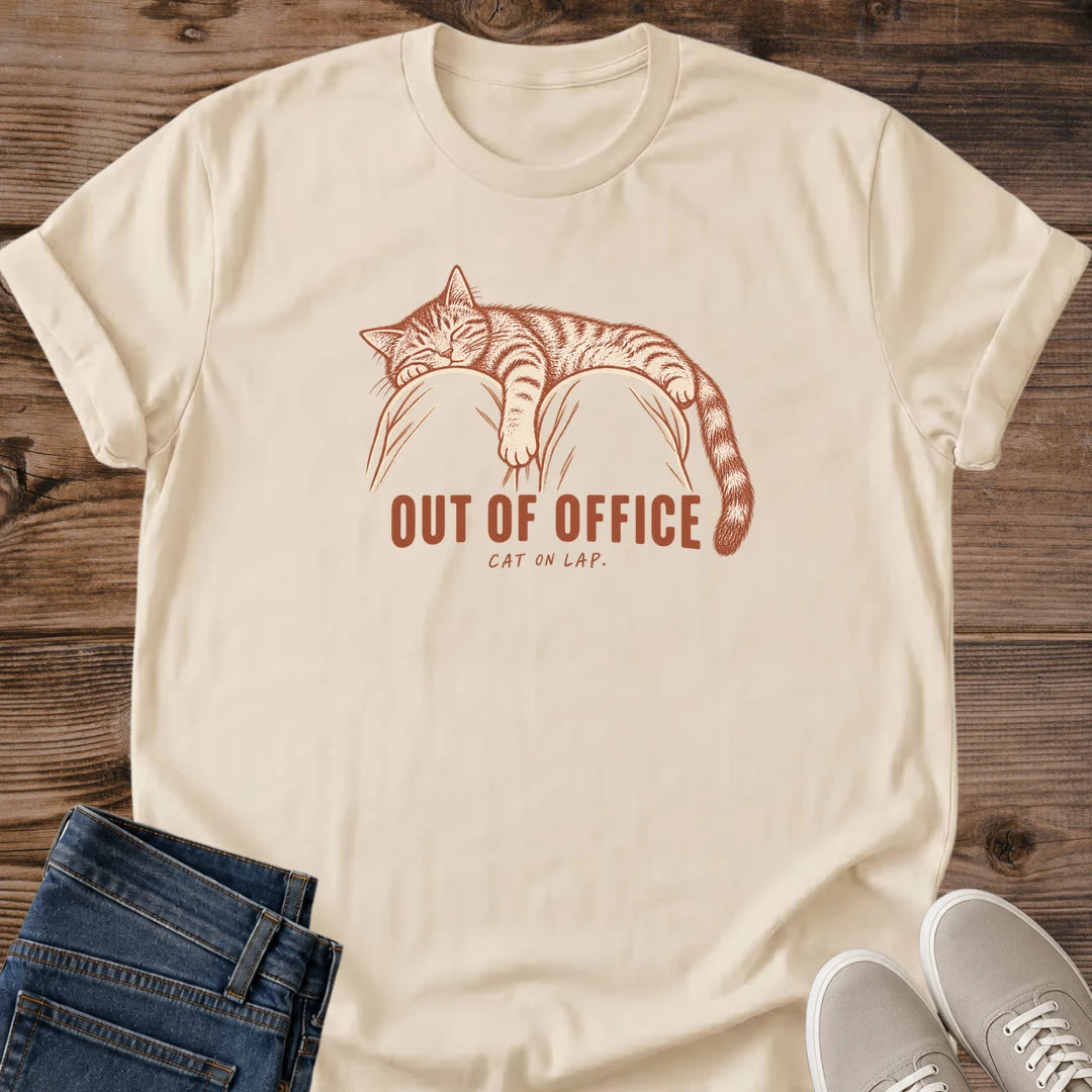 Out Of Office Cat Shirt Cat On Lap Lazy Sleeping Kitty Tee Funny Cat Lover Gift Idea Softstyle Ring Spun Cotton Relaxed Fit Everyday Casual Wear Vintage Print Cat Owner Apparel Statement Piece Lightweight Layering For Home