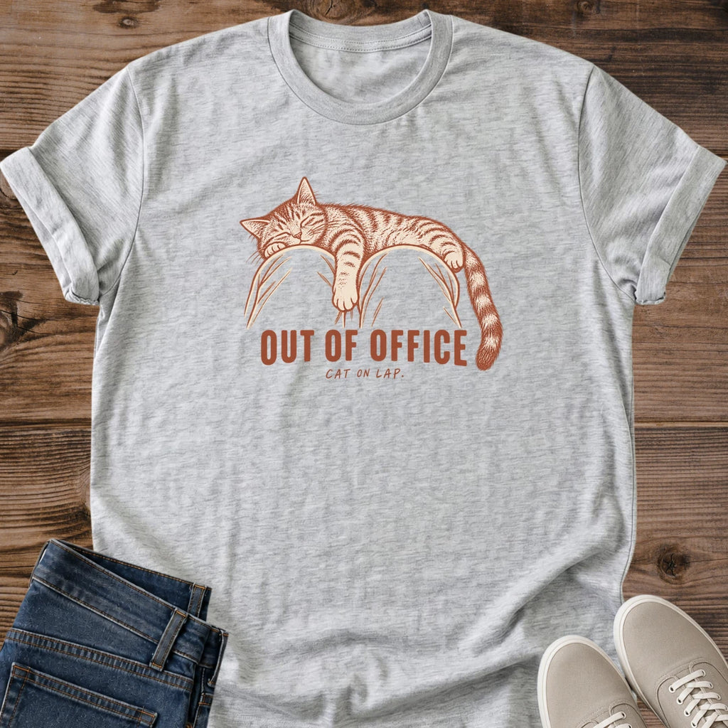 Funny Work From Home Cat Shirt Out Of Office Cat On Lap Graphic Tee Gift Idea Ring Spun Cotton Soft Breathable Fabric Relaxed Unisex Fit Vintage Print Design Cat Person Apparel Casual Everyday Wear Statement Piece Great Gift