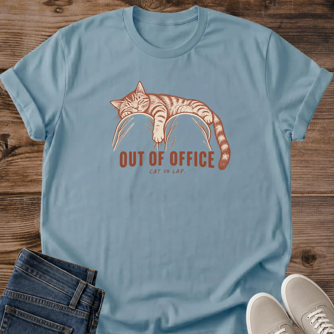 Lazy Cat Tee Out Of Office Cat On Lap Sleeping Tabby Design Funny Cat Lover Gift For Her Softstyle Cotton Comfortable Relaxed Fit Casual Weekend Wear Vintage Print Cat Mom Statement Apparel Everyday Layering Piece For Fun