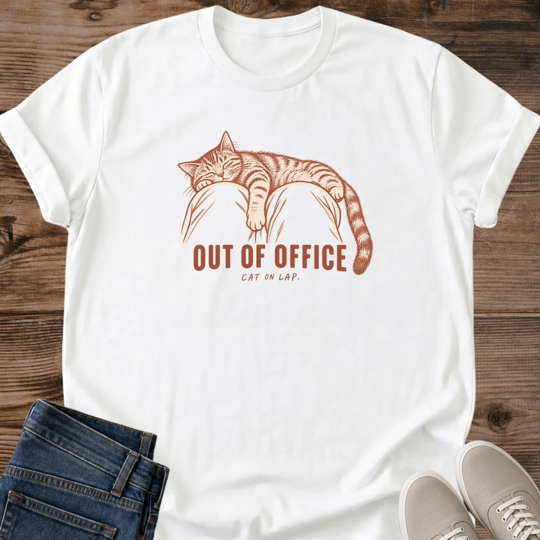Vintage Cat Lover Tee Out Of Office Cat On Lap Sleeping Kitty Design Cotton Cat Mom Gift Shirt Funny Aesthetic Softstyle Ring Spun Fabric Relaxed Retail Fit Casual Weekend Layering Statement Piece Everyday Wear For Home