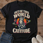 Cat Lover Gift Out Of This World Catitude Shirt Galaxy Cat Tee Retro Space Cat Graphic Birthday Gift For Cat Owner Christmas Gift For Cat Mom Gift For Space Lovers Cat Person Tee Celestial Cat Shirt Gildan Softstyle Cotton Tee Cat Whisker Co