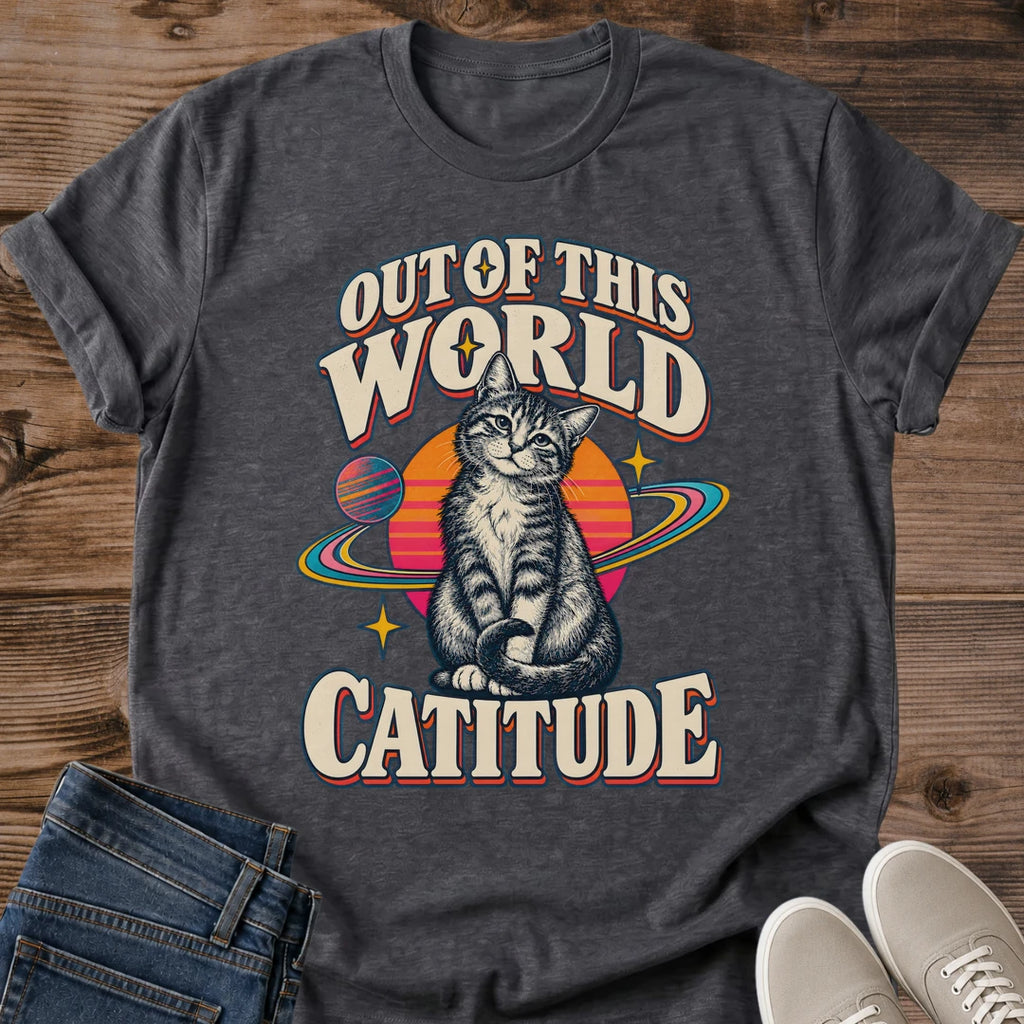 Space Cat Shirt Out Of This World Catitude Tee Tabby Cat Floating In Orbit Illustration Retro Sunset And Stars Design Funny Cosmic Cat Dad Shirt Cat Owner Gift For Her Astronomy Cat Tee Soft Cotton Unisex Shirt Cat Whisker Co
