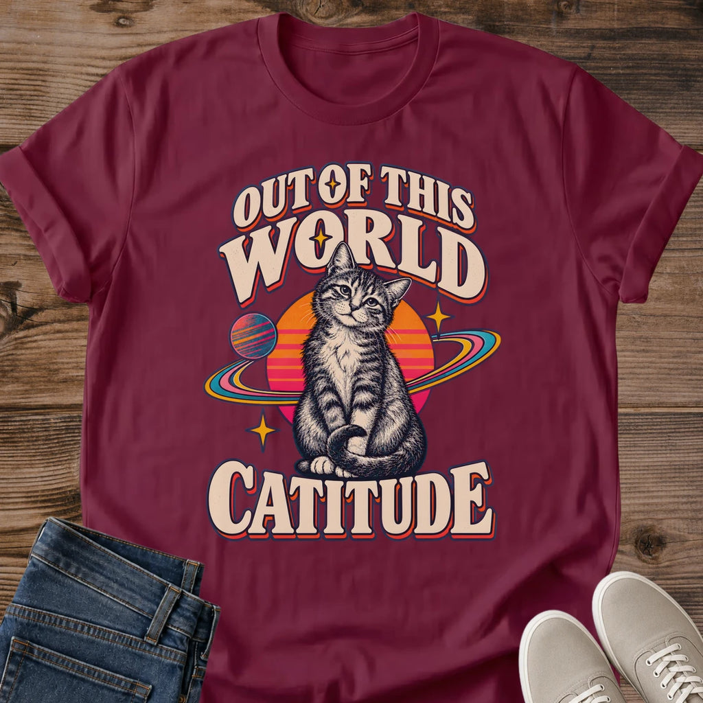 Cat Lover Gift Out Of This World Catitude Shirt Galaxy Cat Tee Retro Space Cat Graphic Birthday Gift For Cat Owner Christmas Gift For Cat Mom Gift For Space Lovers Cat Person Tee Celestial Cat Shirt Gildan Softstyle Cotton Tee Cat Whisker Co