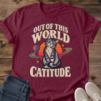 Cat Lover Gift Out Of This World Catitude Shirt Galaxy Cat Tee Retro Space Cat Graphic Birthday Gift For Cat Owner Christmas Gift For Cat Mom Gift For Space Lovers Cat Person Tee Celestial Cat Shirt Gildan Softstyle Cotton Tee Cat Whisker Co