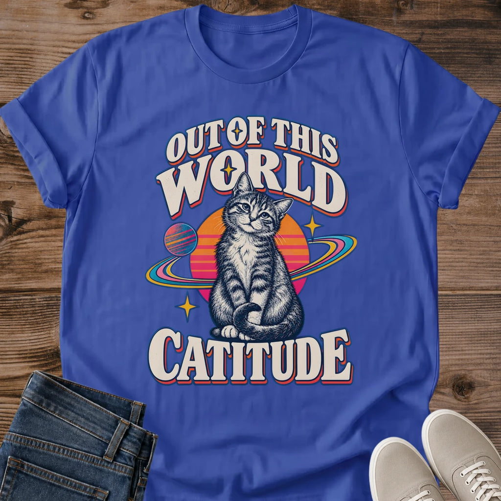 Metro BlueCosmic Cat Shirt Out Of This World Catitude Retro Space Tee Vintage Tabby Cat Sketch Saturn Ring Planet Graphic Cat Owner Shirt Gift For Cat Lovers Sci Fi Cat Tee 70s Sunset Cat Design Unisex Ringspun Cotton Shirt Cat Whisker Co