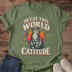 Space Cat Shirt Out Of This World Catitude Tee Tabby Cat Floating In Orbit Illustration Retro Sunset And Stars Design Funny Cosmic Cat Dad Shirt Cat Owner Gift For Her Astronomy Cat Tee Soft Cotton Unisex Shirt Cat Whisker Co
