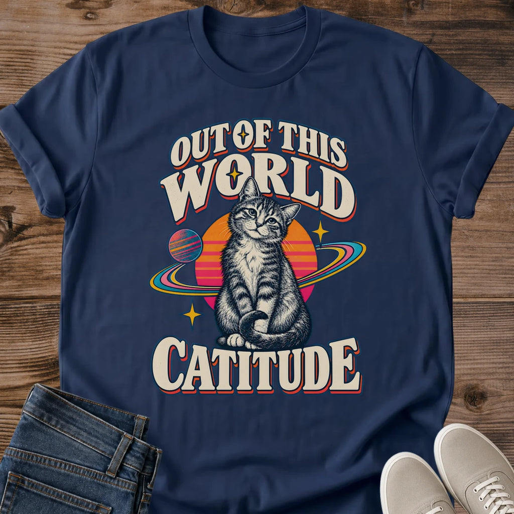 Out Of This World Catitude Shirt Navy Space Cat Tee Retro Cosmic Tabby Cat With Planet Rings Graphic Vintage 70s Space Cat Shirt Galaxy Cat Lover Gift Cat Attitude Tee Cat Mom Shirt Gildan 64000 Softstyle Unisex Cat Whisker Co