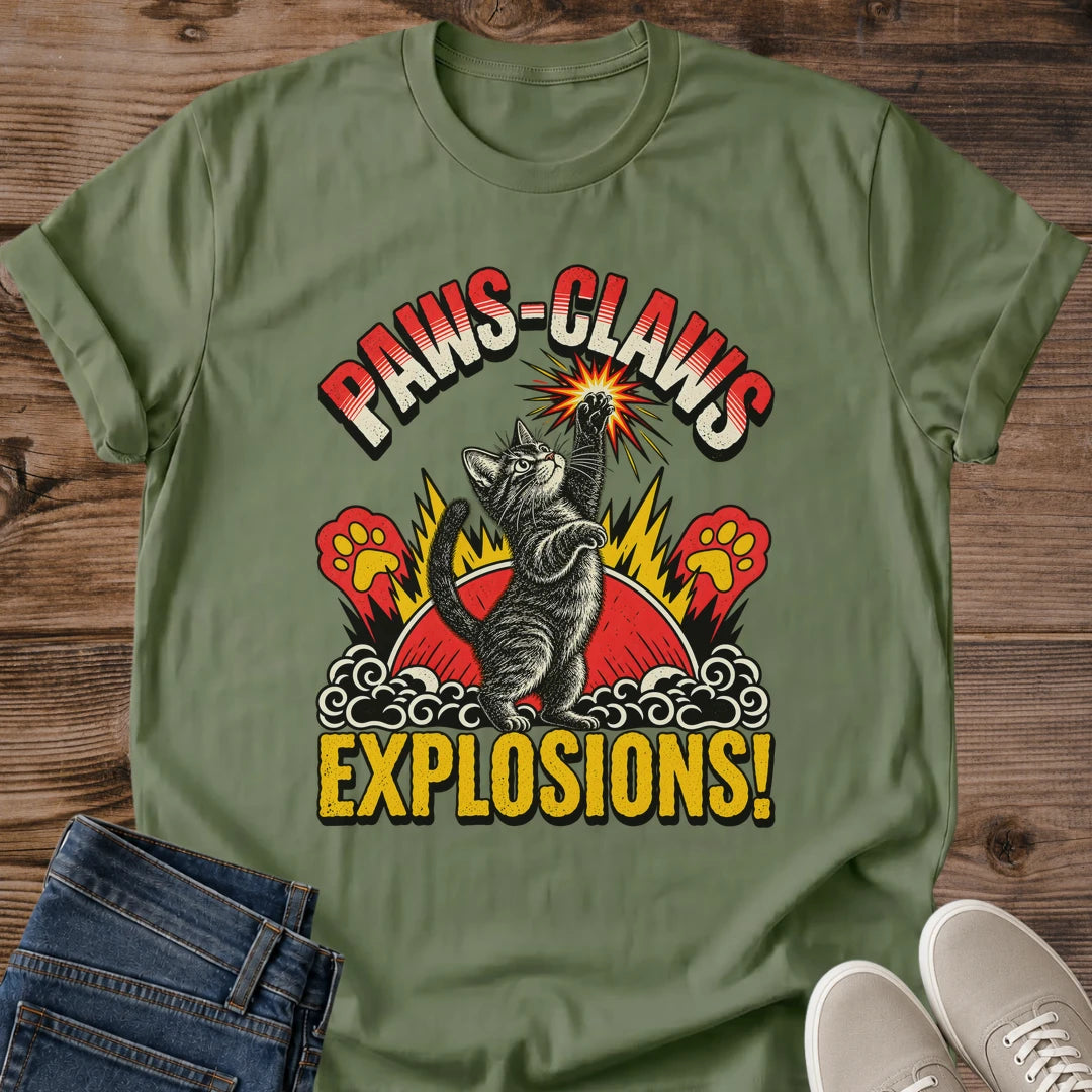 Kung Fu Cat Shirt Paws Claws Explosions Funny Cat Tee Martial Arts Tabby Cat Illustration Red Sunburst Paw Print Design Action Hero Cat Shirt Cat Owner Tee Gift For Cat Lovers Retro Comic Style Unisex Ringspun Cotton Shirt Cat Whisker Co