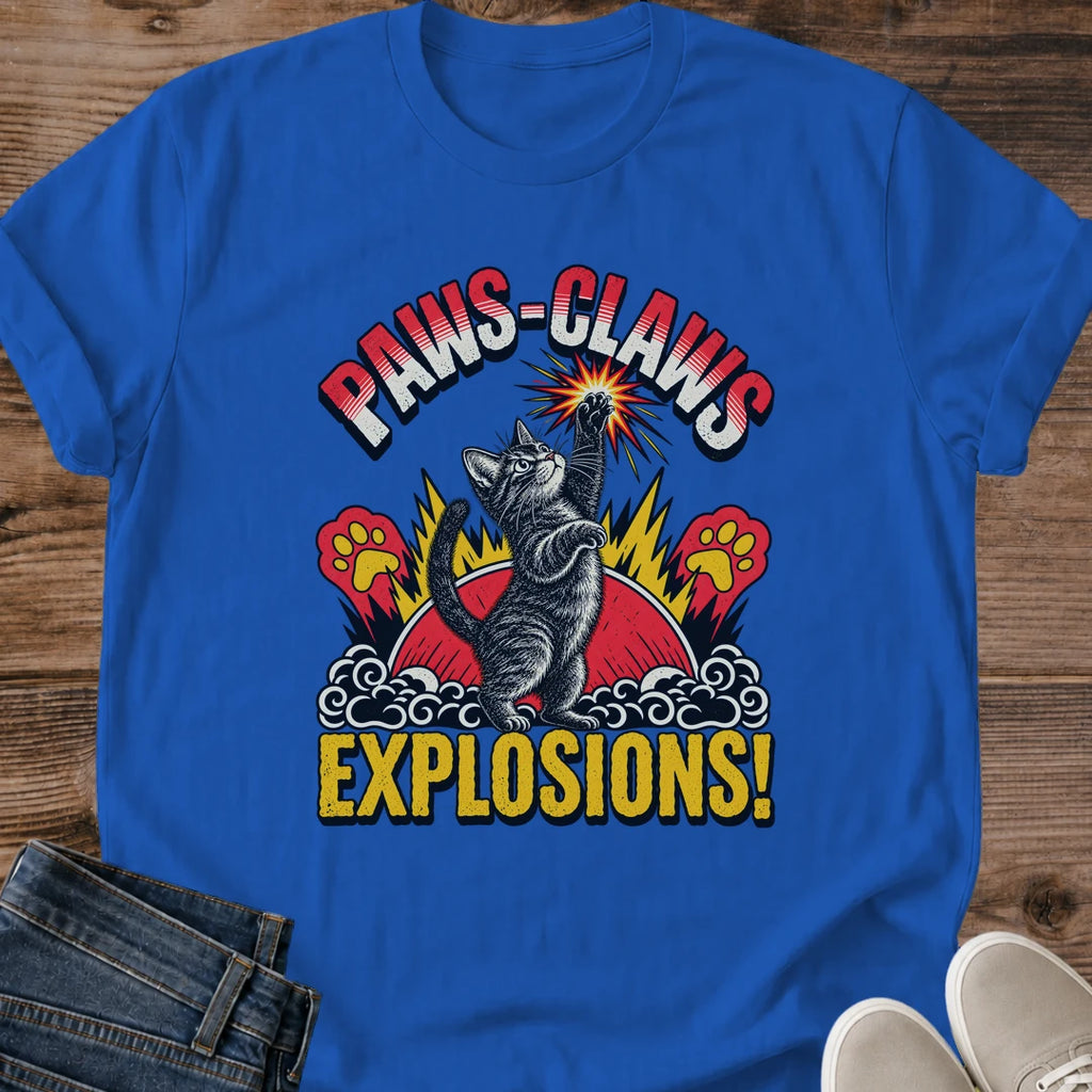 Paws Claws Explosions Funny Cat Shirt Royal Blue Action Hero Cat Tee Kung Fu Tabby Cat Graphic Retro Anime Style Cat Shirt Chaotic Cat Energy Tee Zoomies Cat Shirt Cat Dad Gift Cat Lover Gift Gildan 64000 Softstyle Unisex Cat Whisker Co