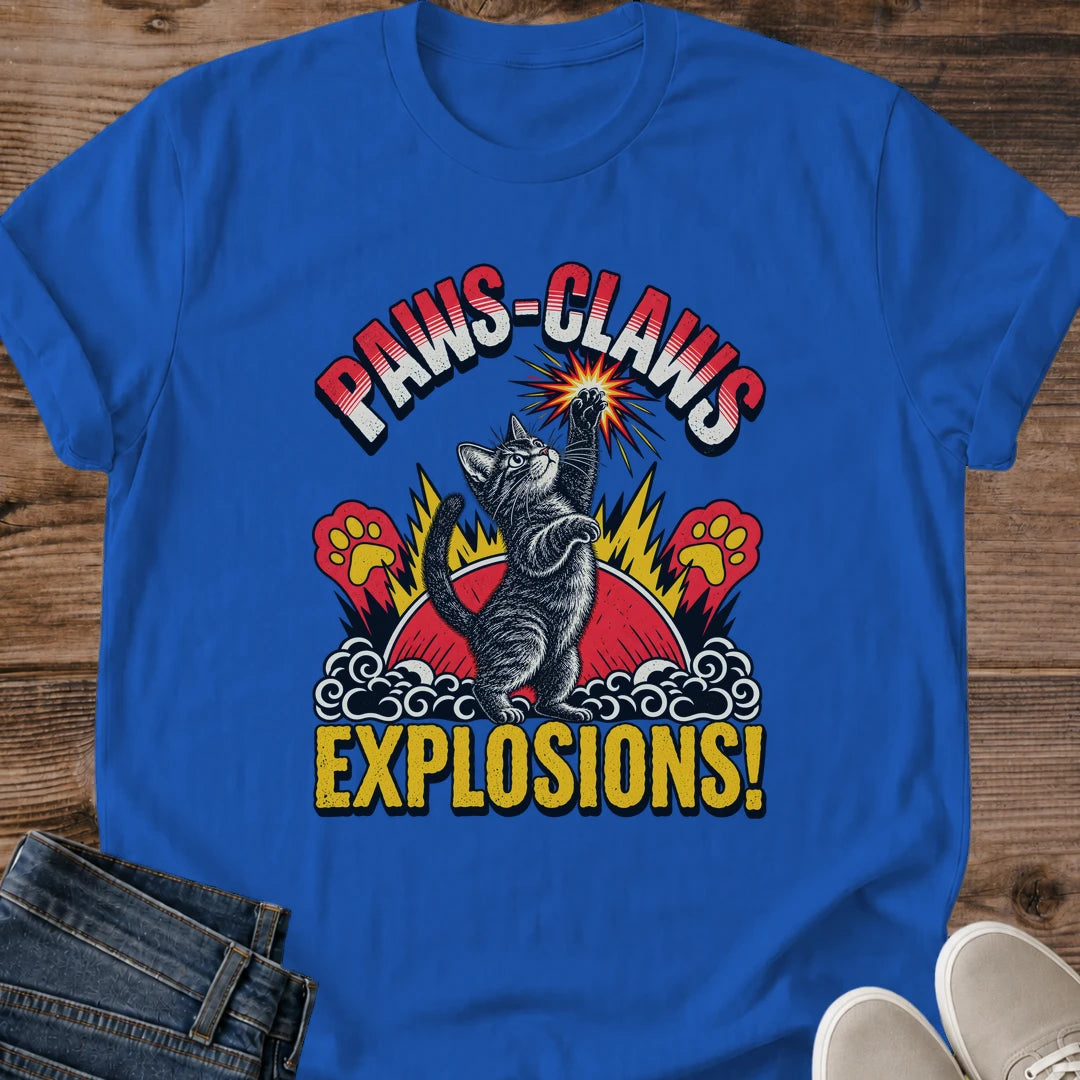 Paws Claws Explosions Funny Cat Shirt Royal Blue Action Hero Cat Tee Kung Fu Tabby Cat Graphic Retro Anime Style Cat Shirt Chaotic Cat Energy Tee Zoomies Cat Shirt Cat Dad Gift Cat Lover Gift Gildan 64000 Softstyle Unisex Cat Whisker Co