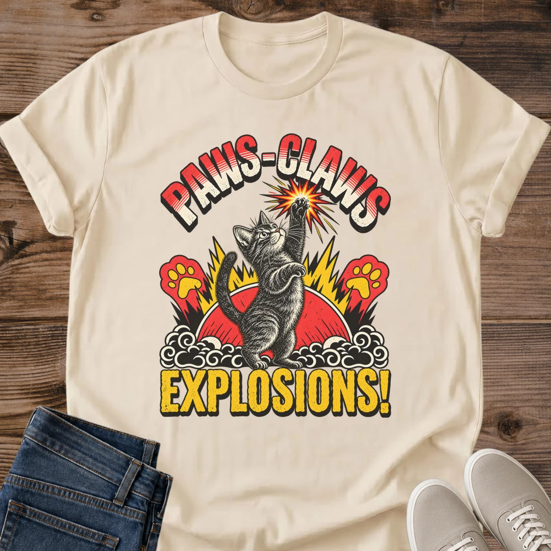 Paws Claws Explosions Funny Cat Shirt Sand Action Hero Cat Tee Kung Fu Tabby Cat Graphic Retro Anime Style Cat Shirt Chaotic Cat Energy Tee Zoomies Cat Shirt Cat Dad Gift Cat Lover Gift Gildan 64000 Softstyle Unisex Cat Whisker Co