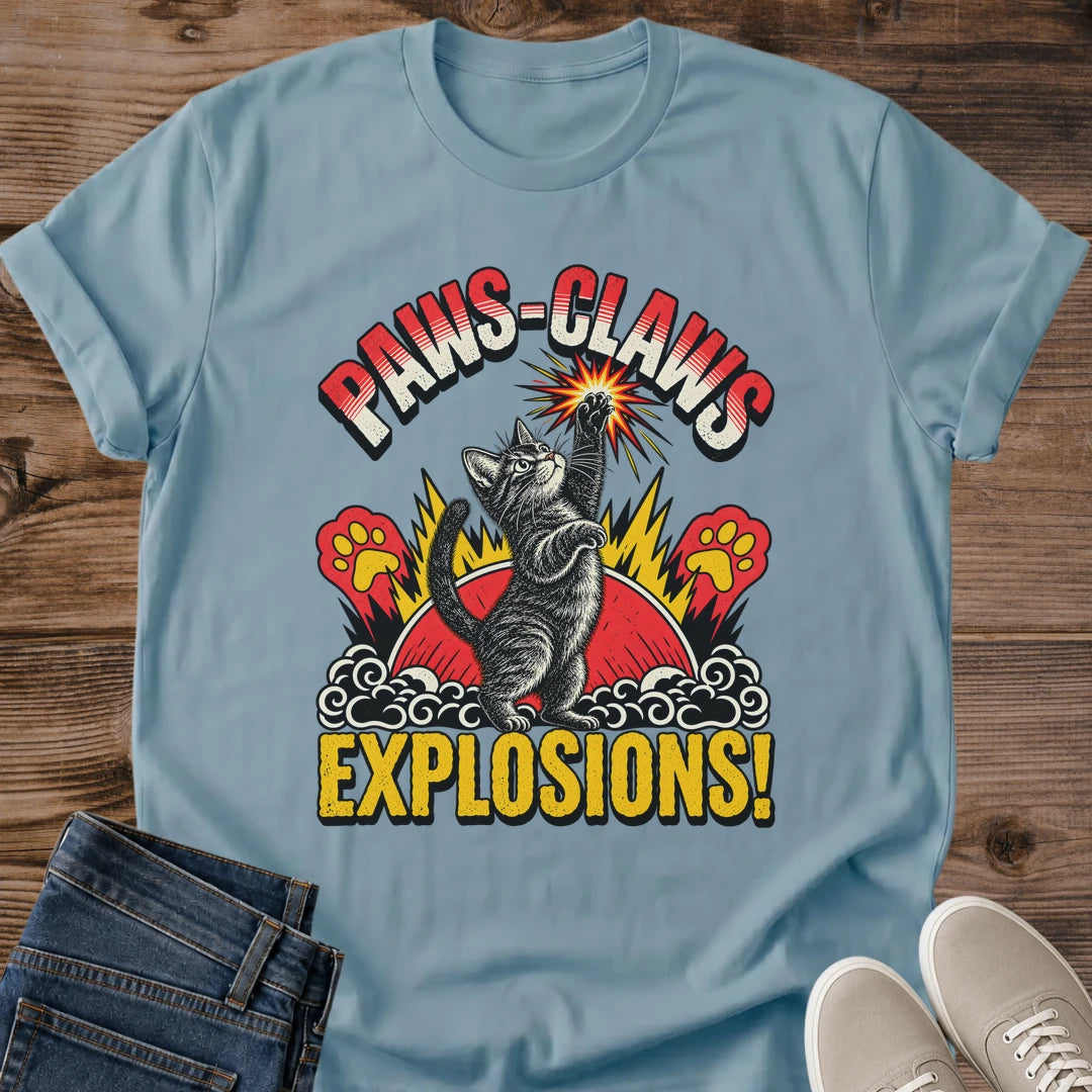 Kung Fu Cat Shirt Paws Claws Explosions Funny Cat Tee Martial Arts Tabby Cat Illustration Red Sunburst Paw Print Design Action Hero Cat Shirt Cat Owner Tee Gift For Cat Lovers Retro Comic Style Unisex Ringspun Cotton Shirt Cat Whisker Co