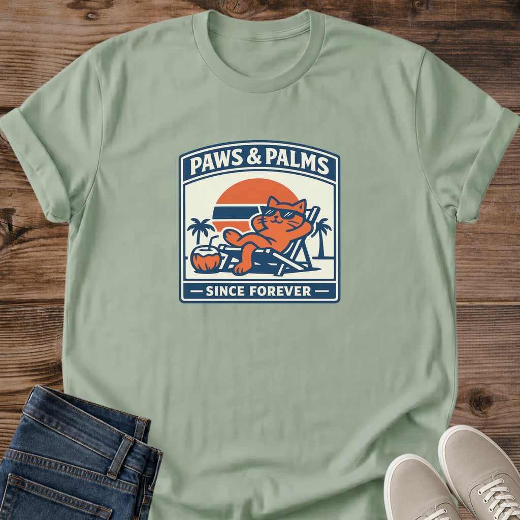 Vintage Sunset Cat Shirt Retro Beach Design Tropical Palm Tree Graphic Tee Perfect Summer Vacation Essential Casual Wear Comfortable Lightweight Breathable Fabric Ideal For Cat Enthusiasts Beach Lovers Gift Idea Relaxed Style Clothing