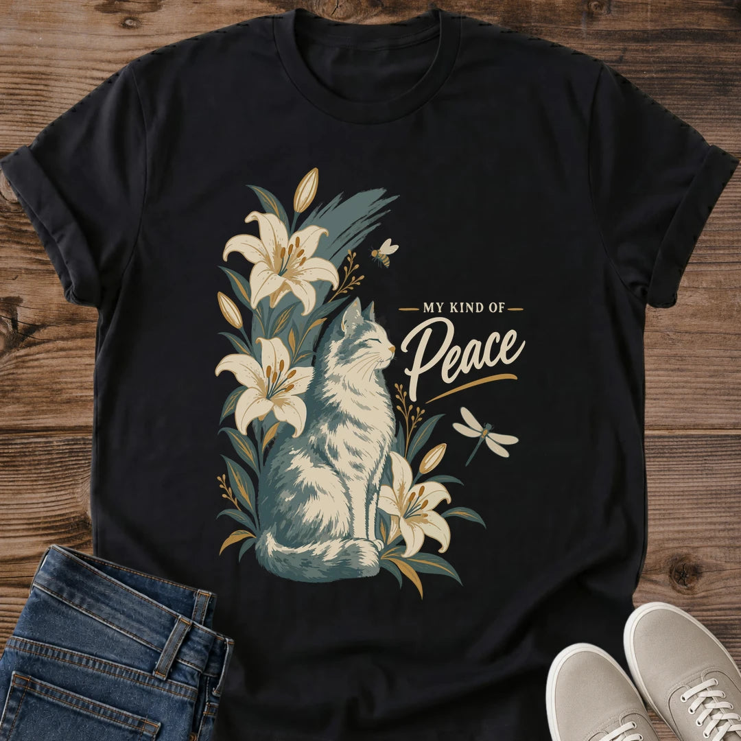 Botanical Graphic Tee Lily Flower Design Vintage Floral Shirt Peaceful Message Clothing Cottagecore Fashion Style Lightweight Cotton Fabric Soft Print Quality Nature Inspired Apparel Comfortable Casual Wear Relaxed Fit Design Garden