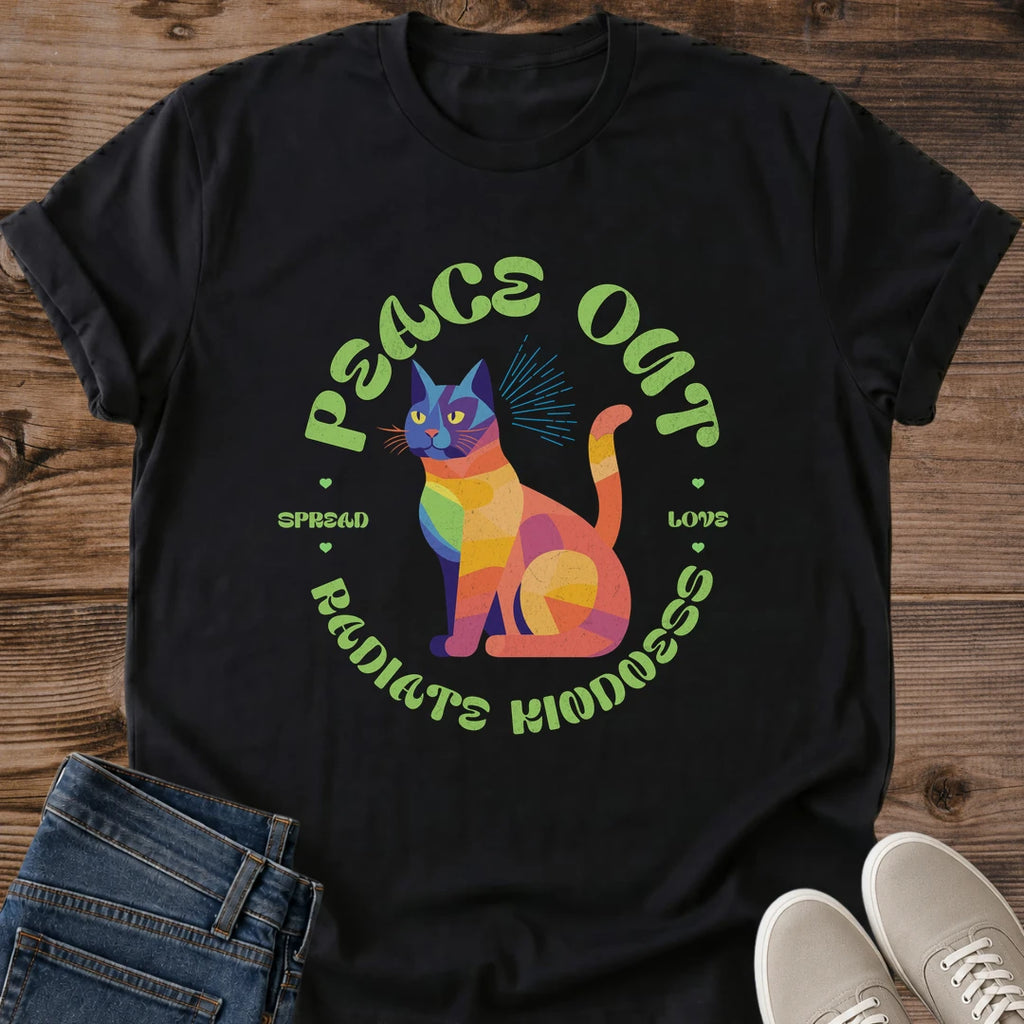 Colorful Cat Shirt Peace Out Radiate Kindness Geometric Graphic Tee Positive Gift Idea Ring Spun Cotton Soft Breathable Fabric Relaxed Unisex Fit Vibrant Print Design Cat Person Apparel Casual Everyday Wear Great Gift