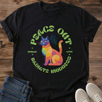 Colorful Cat Shirt Peace Out Radiate Kindness Geometric Graphic Tee Positive Gift Idea Ring Spun Cotton Soft Breathable Fabric Relaxed Unisex Fit Vibrant Print Design Cat Person Apparel Casual Everyday Wear Great Gift