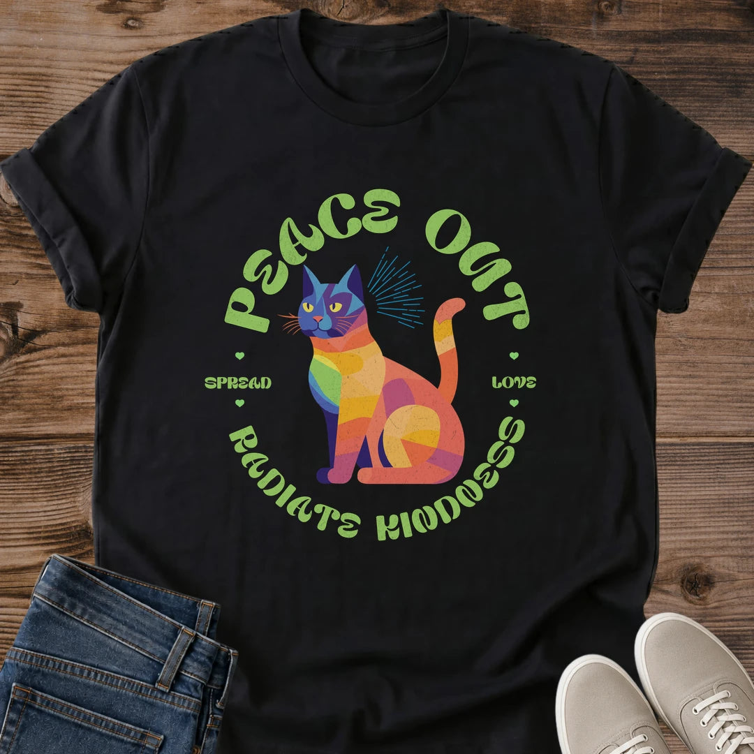 Colorful Cat Shirt Peace Out Radiate Kindness Geometric Graphic Tee Positive Gift Idea Ring Spun Cotton Soft Breathable Fabric Relaxed Unisex Fit Vibrant Print Design Cat Person Apparel Casual Everyday Wear Great Gift